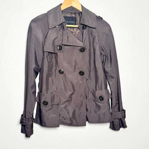 Zara Cropped Belted Chocolate Brown Trench Coat Sz L - Picture 2 of 6